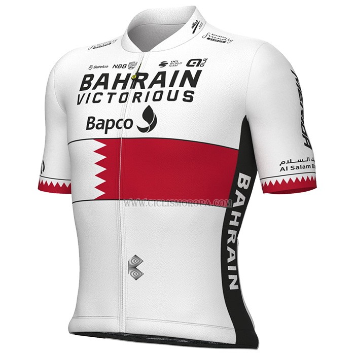 2023 Ropa Ciclismo Bahrain Campeon Bahrain Victorious Blanco Rojo Mangas Cortas y Culotte Corto